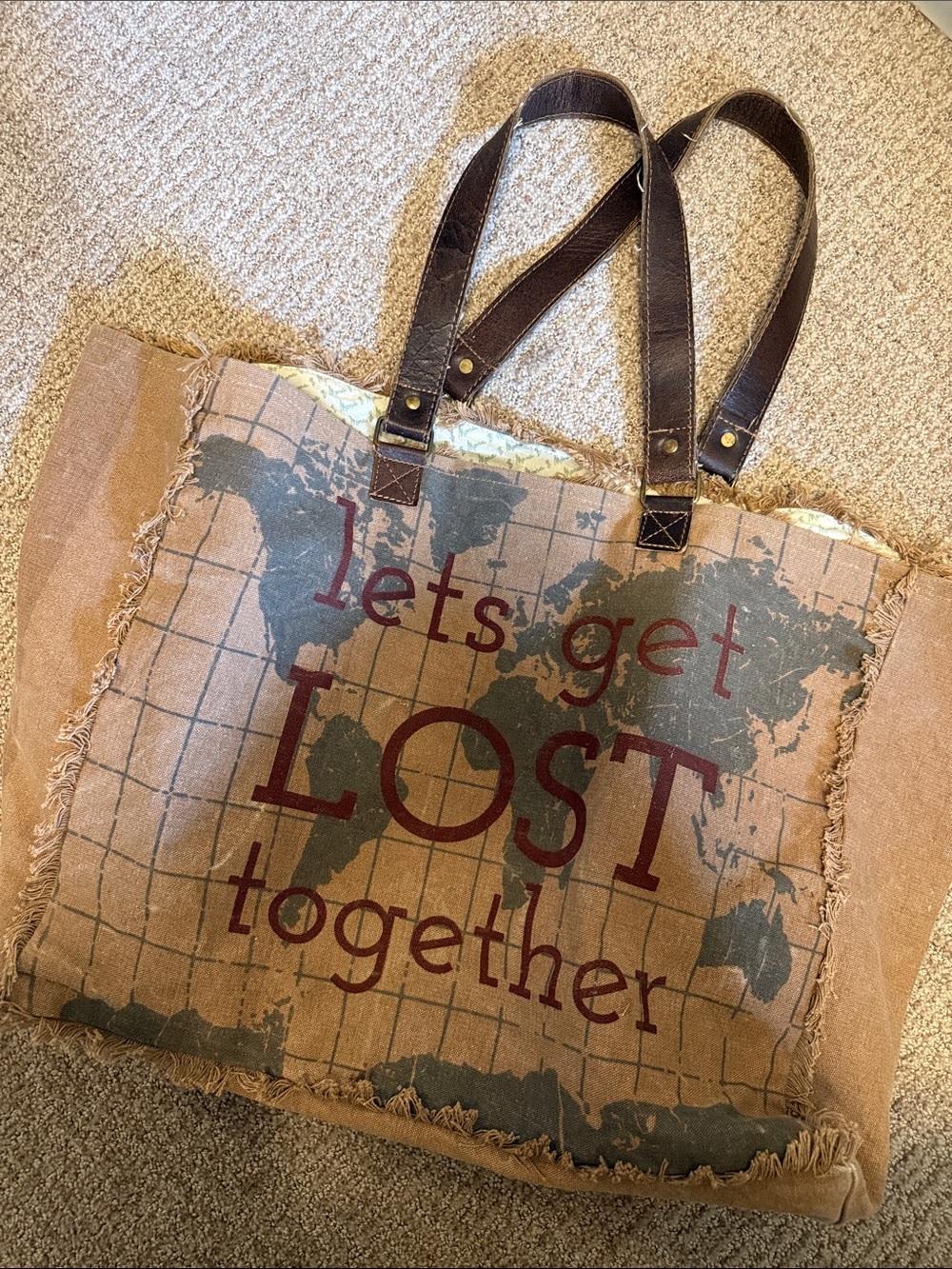 Mona B Canvas Tote with Brown Handles & Cream Interior
